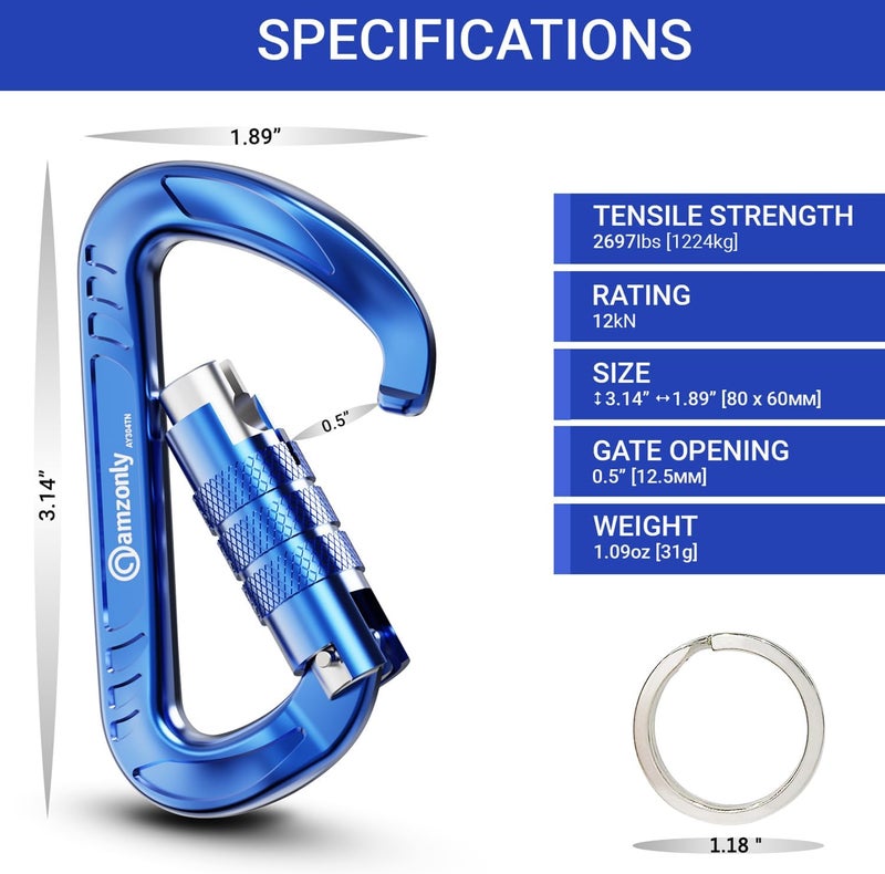Amzonly 3inch Auto Locking Carabiner Clips Heavy Duty, 12KN /2697lbs Lightweight keychain carabiners, Sturdy Twist Lock Caribeeners for Camping Hiking Hammock Swing Backpack, dog leash and Harness etc - Image 2